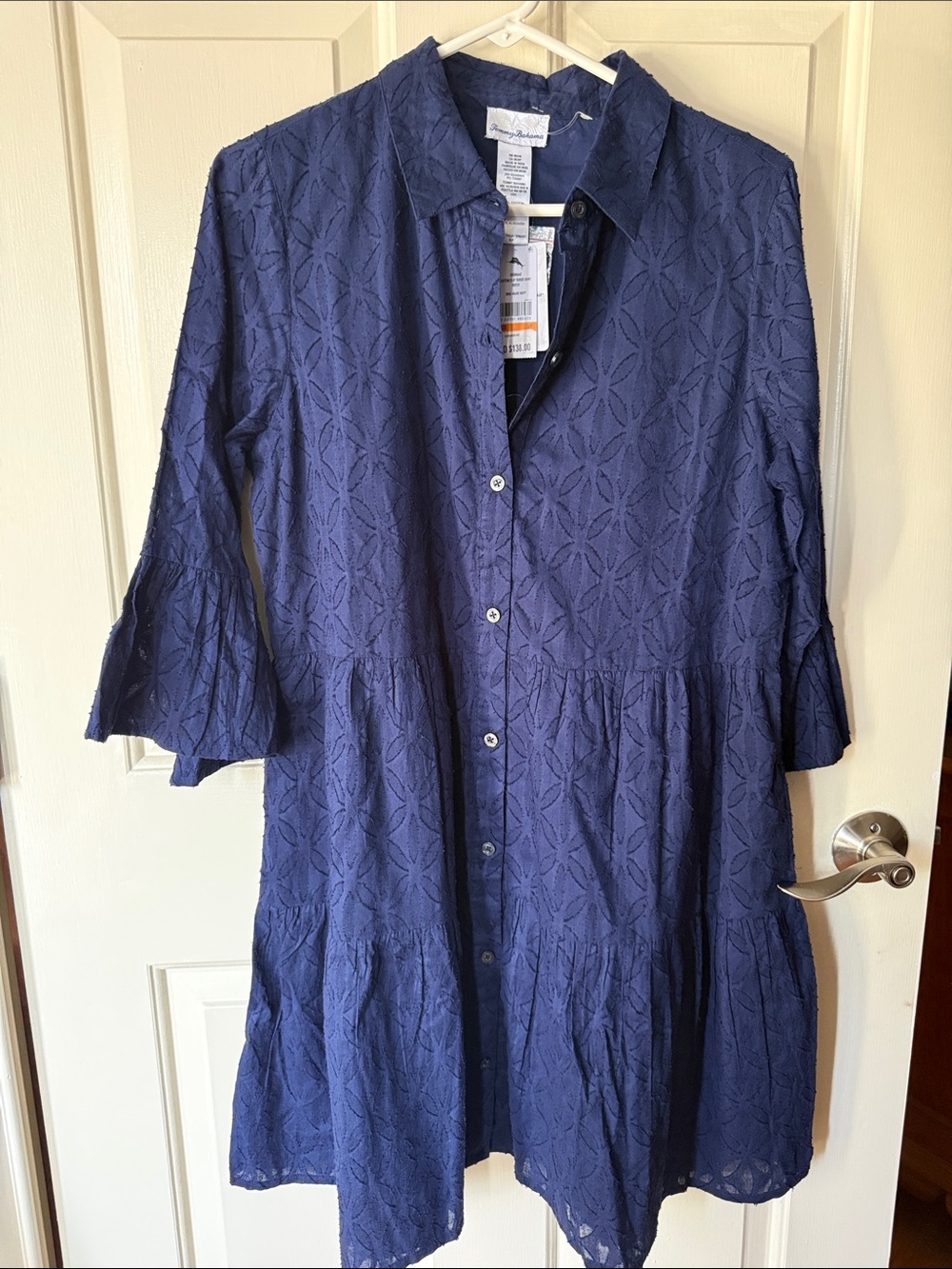 NWT Tommy Bahama Cotton Navy Blue Button-Front Textured Shirt Dress - Size Small